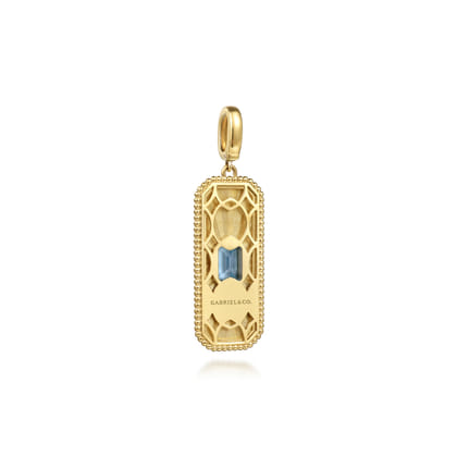 14K Yellow Gold Blue Topaz Bujukan Diamond Cut Medallion Pendant With Detachable Bail