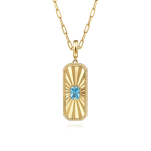 14K Yellow Gold Blue Topaz Bujukan Diamond Cut Medallion Pendant With Detachable Bail