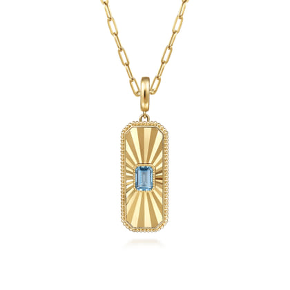 14K Yellow Gold Blue Topaz Bujukan Diamond Cut Medallion Pendant With Detachable Bail