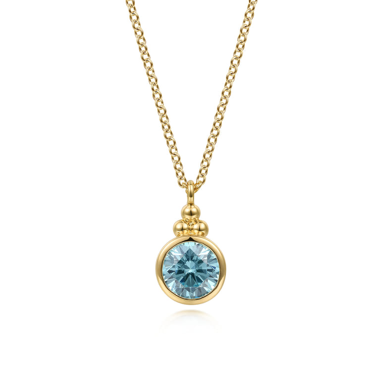 14K Yellow Gold Blue Topaz Bujukan Drop Pendant Necklace - Shot 1