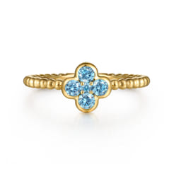 14K Yellow Gold Blue Topaz Cluster Clover and Bujukan Bead Stackable Ring