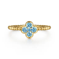 14K Yellow Gold Blue Topaz Cluster Clover and Bujukan Bead Stackable Ring