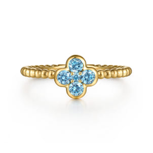 14K Yellow Gold Blue Topaz Cluster Clover and Bujukan Bead Stackable Ring