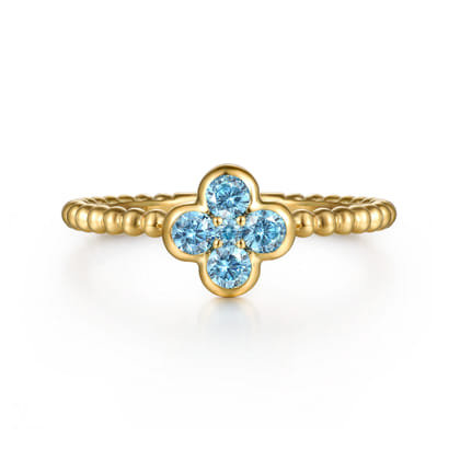 14K Yellow Gold Blue Topaz Cluster Clover and Bujukan Bead Stackable Ring