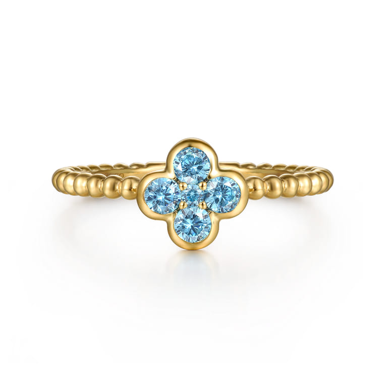 14K Yellow Gold Blue Topaz Cluster Clover and Bujukan Bead Stackable Ring - Shot 1
