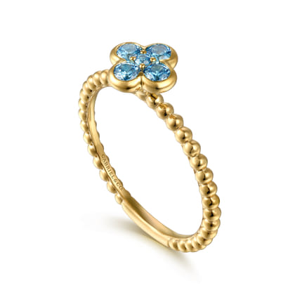 14K Yellow Gold Blue Topaz Cluster Clover and Bujukan Bead Stackable Ring