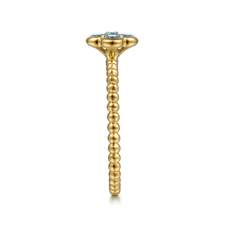 14K Yellow Gold Blue Topaz Cluster Clover and Bujukan Bead Stackable Ring - Shot 4