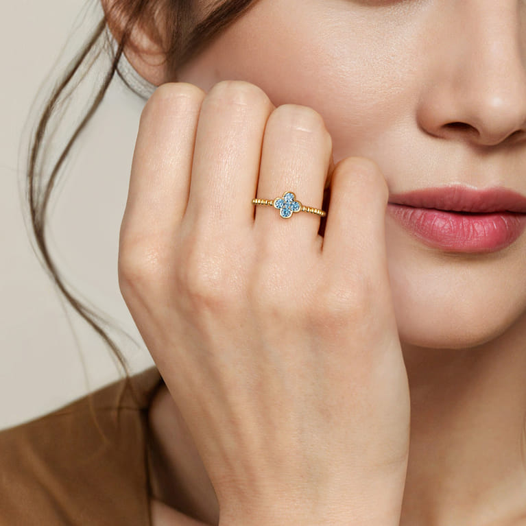 14K Yellow Gold Blue Topaz Cluster Clover and Bujukan Bead Stackable Ring - Shot 5