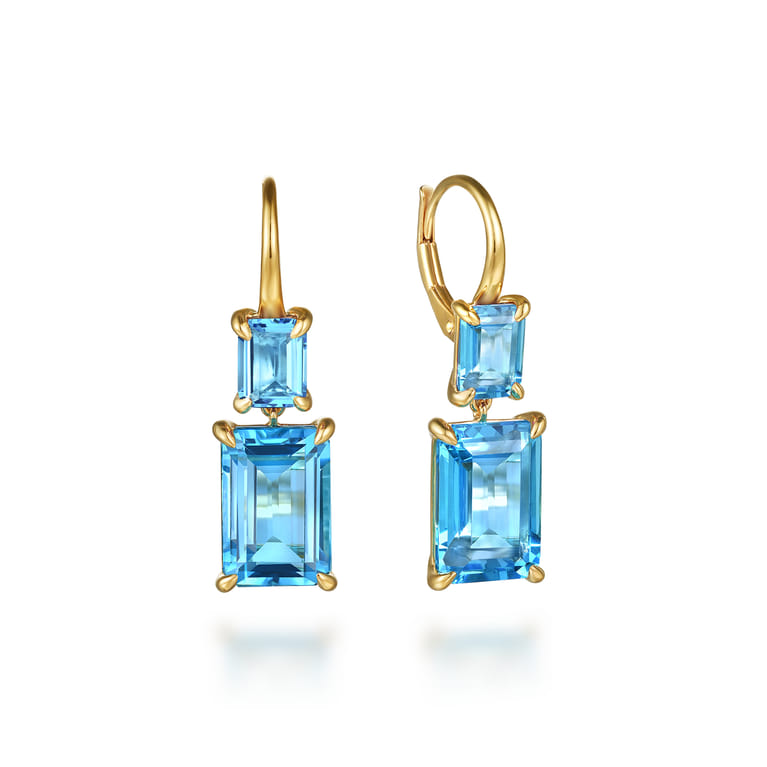 14K Yellow Gold Blue Topaz Drop Earrings - Shot 1