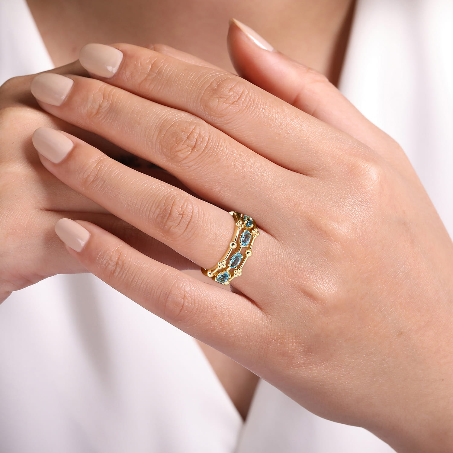 14K Yellow Gold Blue Topaz Easy Stackable Ring - Shot 5