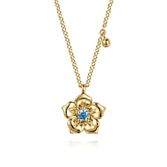 14K Yellow Gold Blue Topaz Floral Drop Necklace