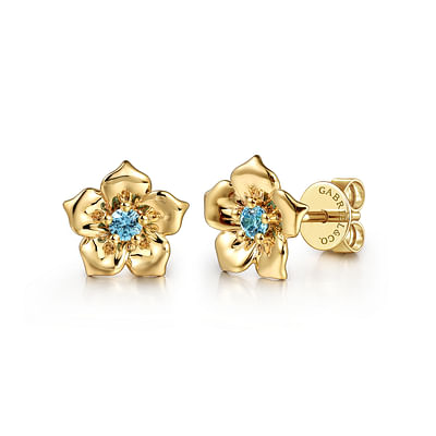 14K Yellow Gold Blue Topaz Floral Stud Earrings