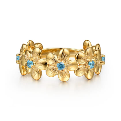 14K Yellow Gold Blue Topaz Flower Stackable
