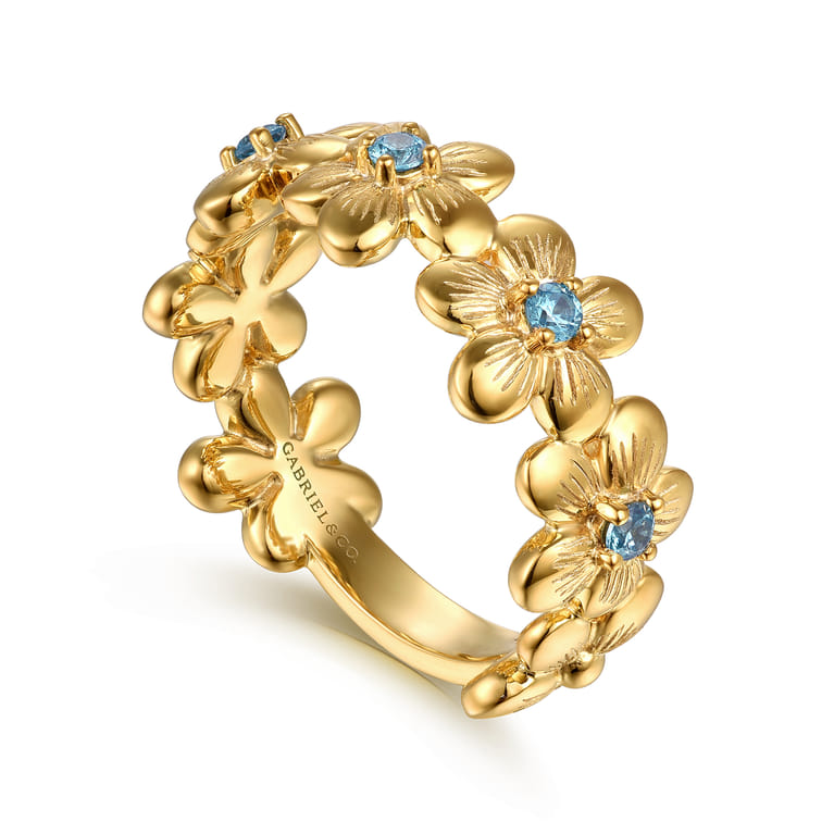 14K Yellow Gold Blue Topaz Flower Stackable - Shot 3