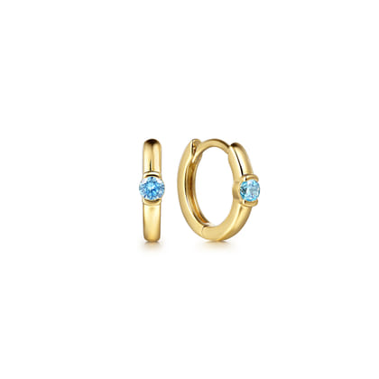 14K Yellow Gold Blue Topaz Huggie