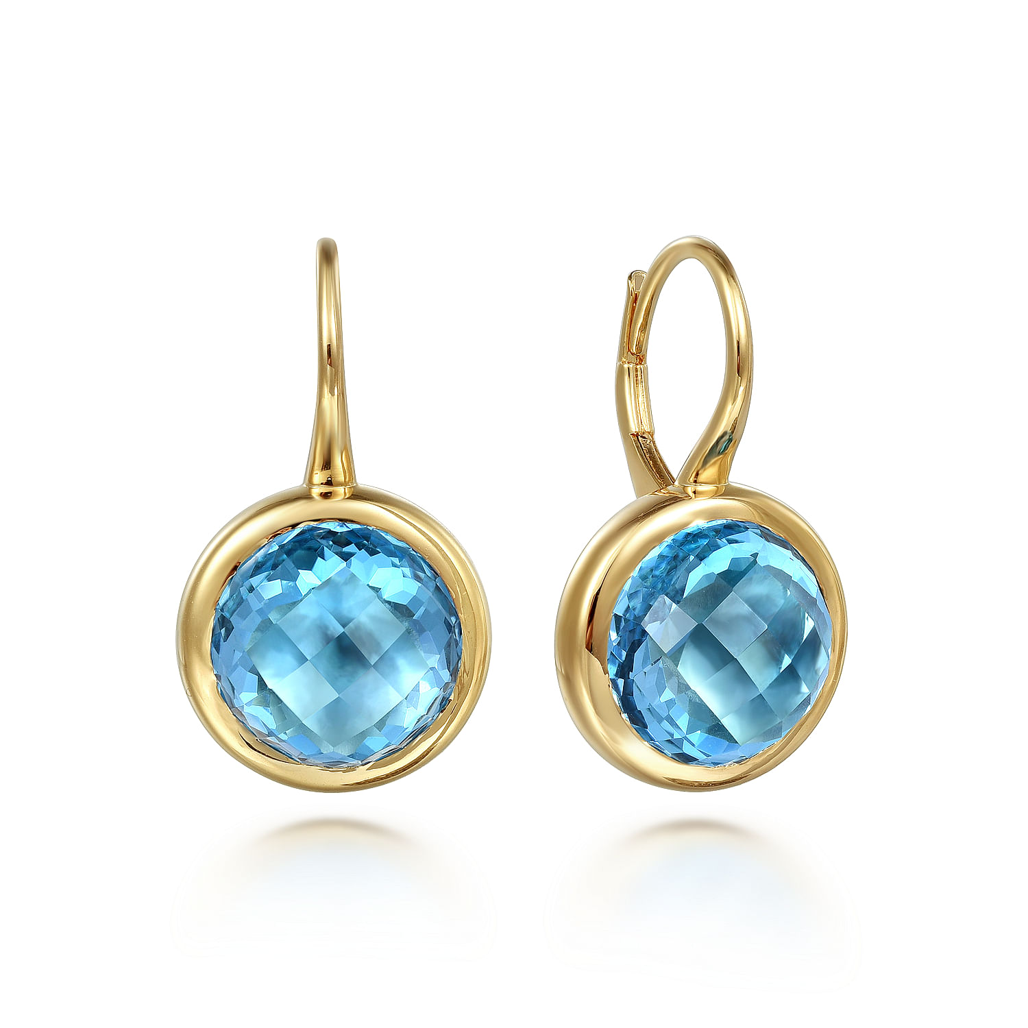 14K Yellow Gold Blue Topaz Round Shape Earrings With Flower Pattern J-Back