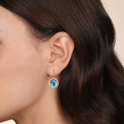 14K Yellow Gold Blue Topaz Round Shape Earrings With Flower Pattern J-Back