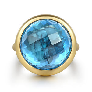 14K Yellow Gold Blue Topaz Round Shape Ladies Ring With Flower Pattern J-Back