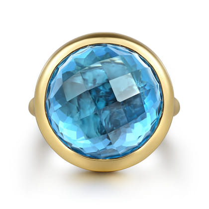 14K Yellow Gold Blue Topaz Round Shape Ladies Ring With Flower Pattern J-Back