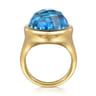 14K Yellow Gold Blue Topaz Round Shape Ladies Ring With Flower Pattern J-Back