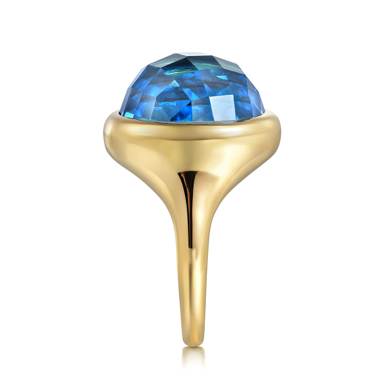 14K Yellow Gold Blue Topaz Round Shape Ladies Ring With Flower Pattern J-Back - Shot 4