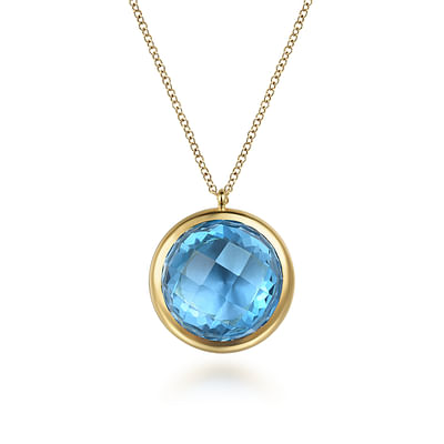 14K Yellow Gold Blue Topaz Round Shape Necklace With Flower Pattern J-Back