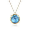 14K Yellow Gold Blue Topaz Round Shape Necklace With Flower Pattern J-Back