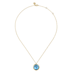 14K Yellow Gold Blue Topaz Round Shape Necklace With Flower Pattern J-Back