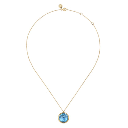 14K Yellow Gold Blue Topaz Round Shape Necklace With Flower Pattern J-Back