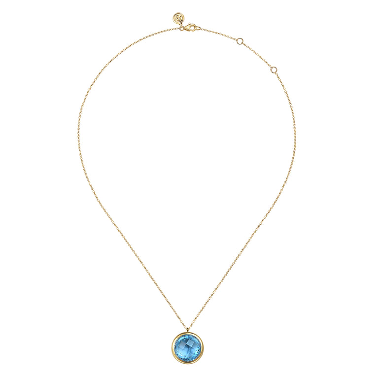 14K Yellow Gold Blue Topaz Round Shape Necklace With Flower Pattern J-Back - Shot 2