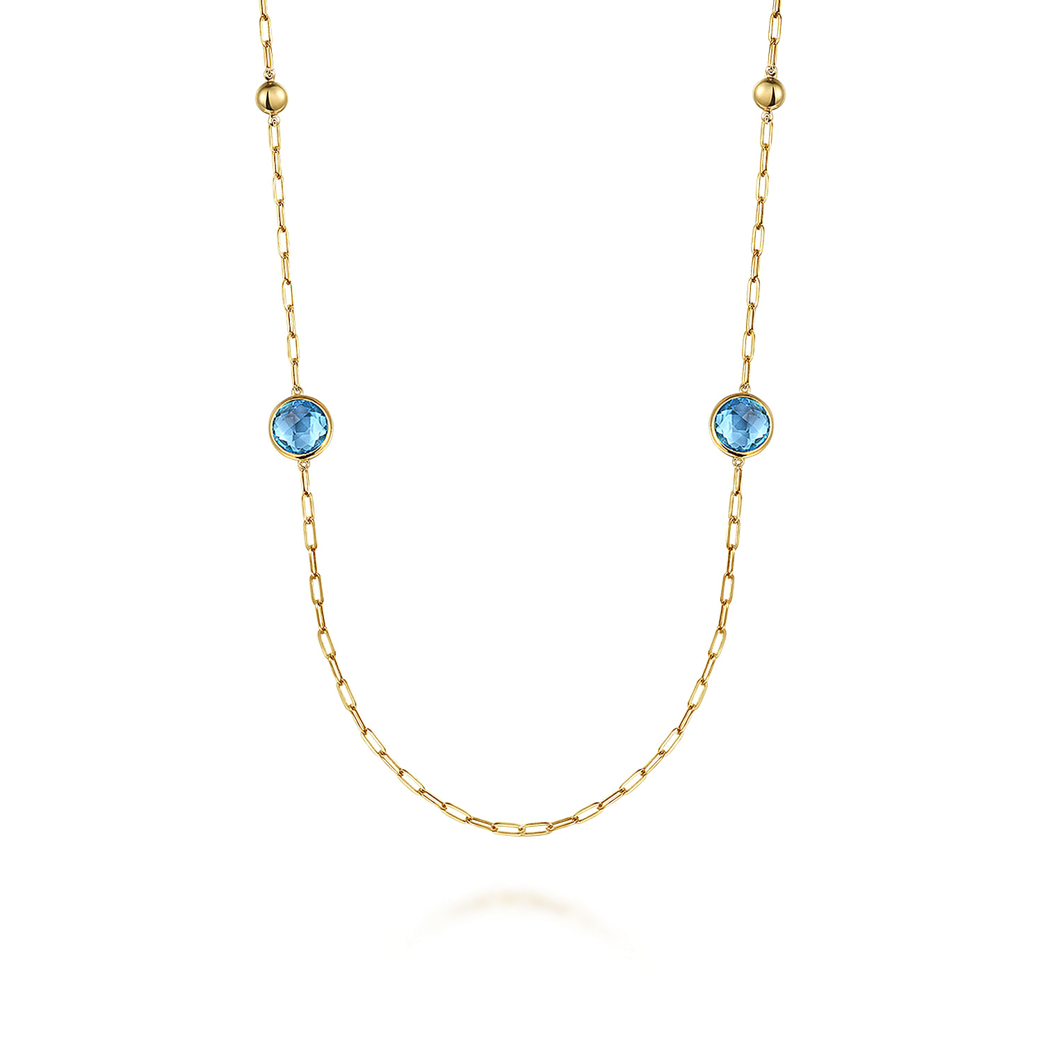 14K Yellow Gold Blue Topaz Round Shape Necklace With Four Stations Beads and Bezel Setting