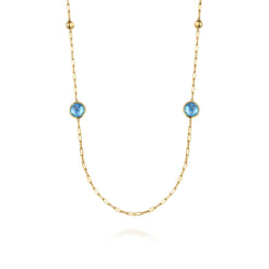 14K Yellow Gold Blue Topaz Round Shape Necklace With Four Stations Beads and Bezel Setting