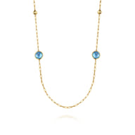14K Yellow Gold Blue Topaz Round Shape Necklace With Four Stations Beads and Bezel Setting