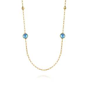 14K Yellow Gold Blue Topaz Round Shape Necklace With Four Stations Beads and Bezel Setting
