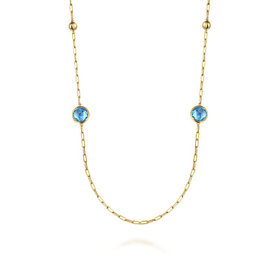 14K Yellow Gold Blue Topaz Round Shape Necklace With Four Stations  Beads and Bezel Setting