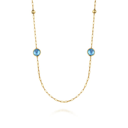 14K Yellow Gold Blue Topaz Round Shape Necklace With Four Stations Beads and Bezel Setting