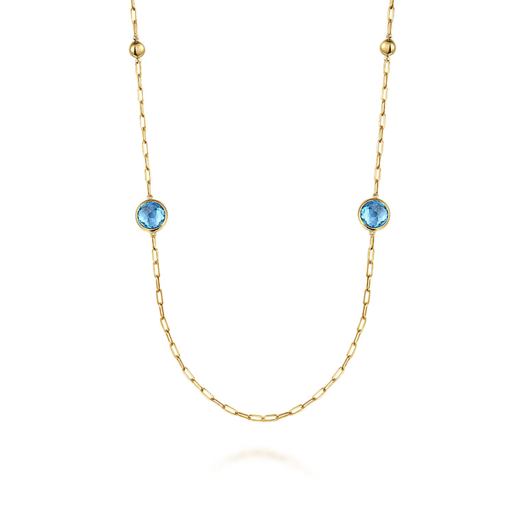 14K Yellow Gold Blue Topaz Round Shape Necklace With Four Stations Beads and Bezel Setting - Shot 1