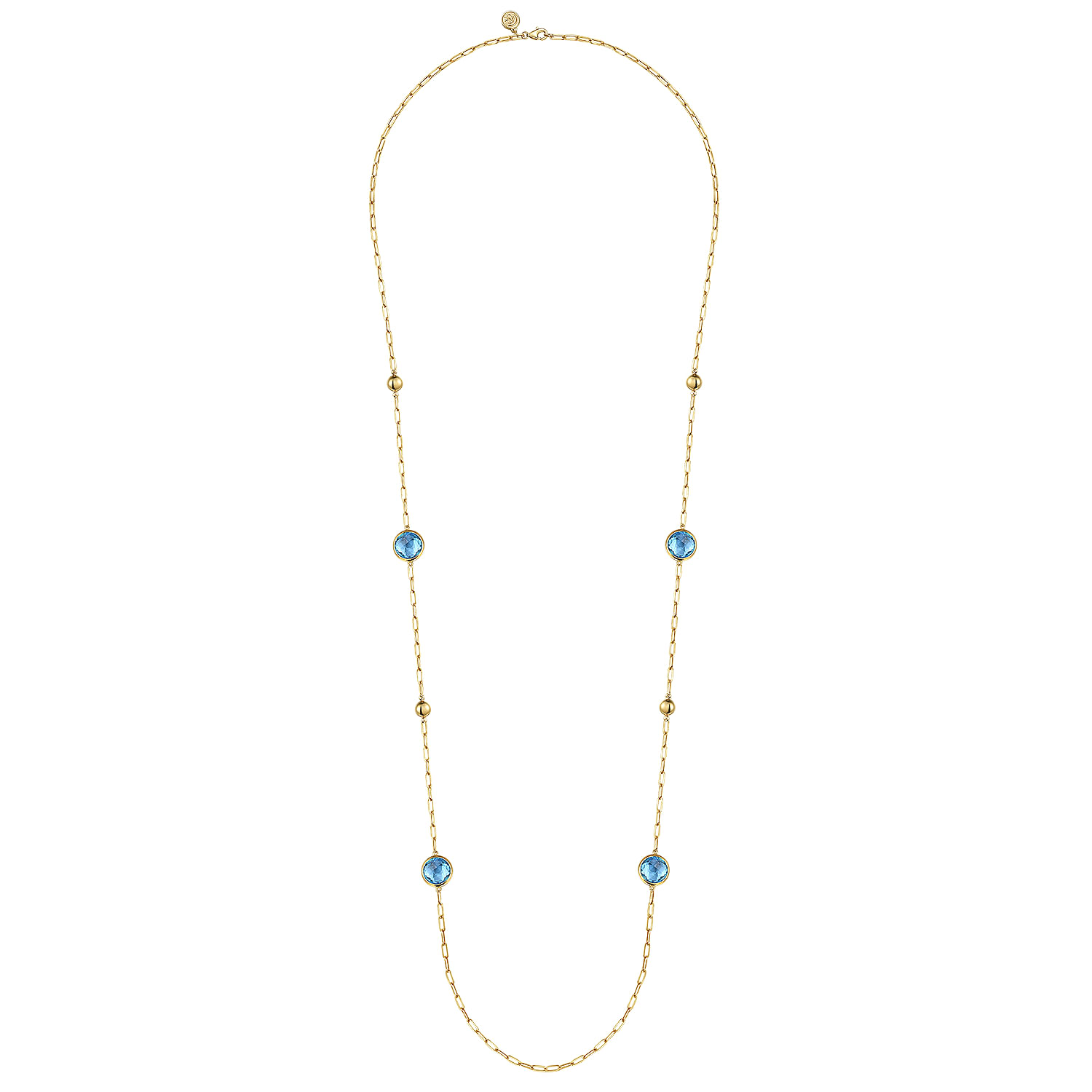 14K Yellow Gold Blue Topaz Round Shape Necklace With Four Stations Beads and Bezel Setting