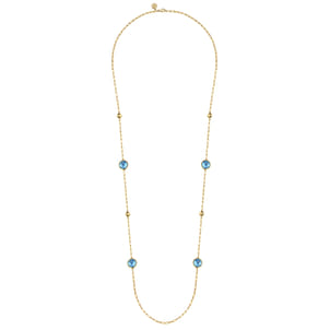 14K Yellow Gold Blue Topaz Round Shape Necklace With Four Stations Beads and Bezel Setting