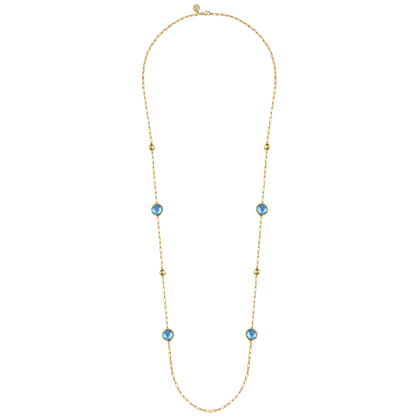 14K Yellow Gold Blue Topaz Round Shape Necklace With Four Stations Beads and Bezel Setting