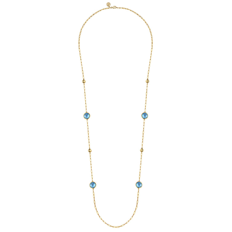 14K Yellow Gold Blue Topaz Round Shape Necklace With Four Stations Beads and Bezel Setting - Shot 2