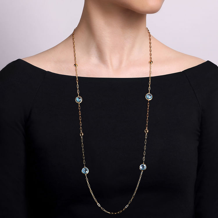 14K Yellow Gold Blue Topaz Round Shape Necklace With Four Stations Beads and Bezel Setting