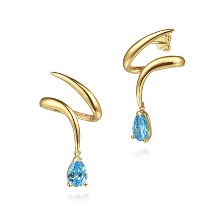 14K Yellow Gold Blue Topaz Stud Drop Earrings
