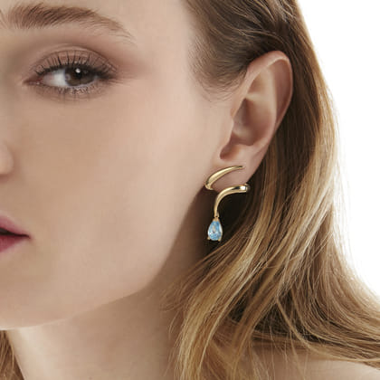 14K Yellow Gold Blue Topaz Stud Drop Earrings