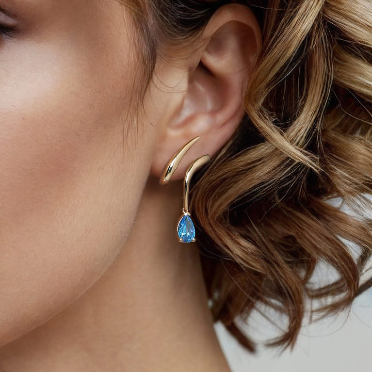 14K Yellow Gold Blue Topaz Stud Drop Earrings - Shot 4