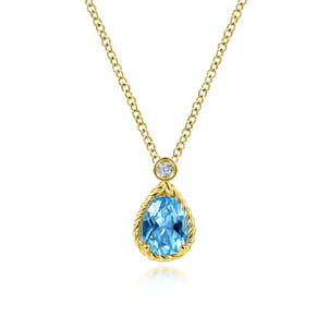 14K Yellow Gold Blue Topaz Teardrop Pendant Necklace with Bezel Set Diamond