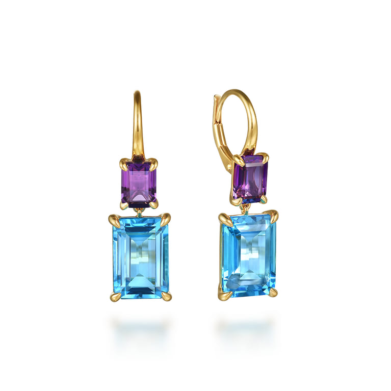 14K Yellow Gold Blue Topaz and Amethyst Drop Earrings - Shot 1