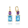 14K Yellow Gold Blue Topaz and Amethyst Drop Earrings