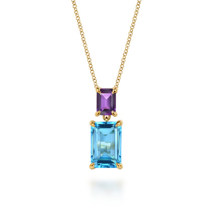 14K Yellow Gold Blue Topaz and Amethyst Pendant Necklace