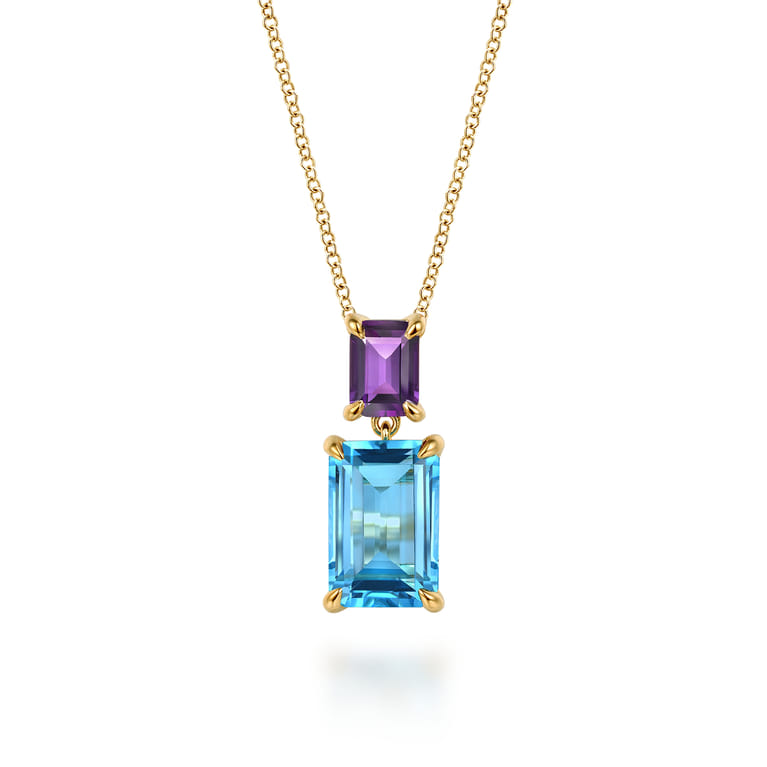 14K Yellow Gold Blue Topaz and Amethyst Pendant Necklace - Shot 1